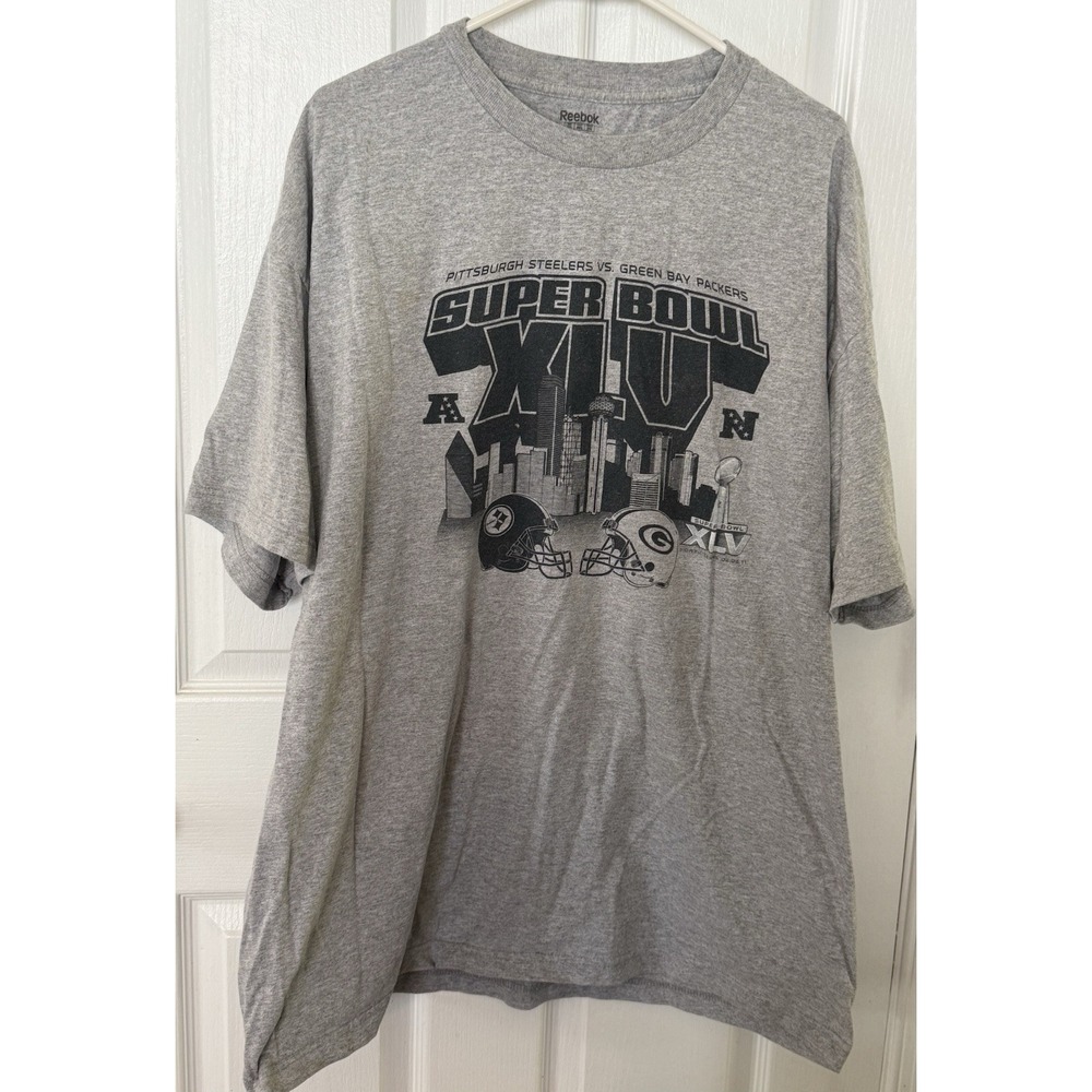 Reebok SUPER BOWL XLV STEELERS VS PACKERS‎ 2011 LARGE GRAY 2XL T-SHIRT EUC
